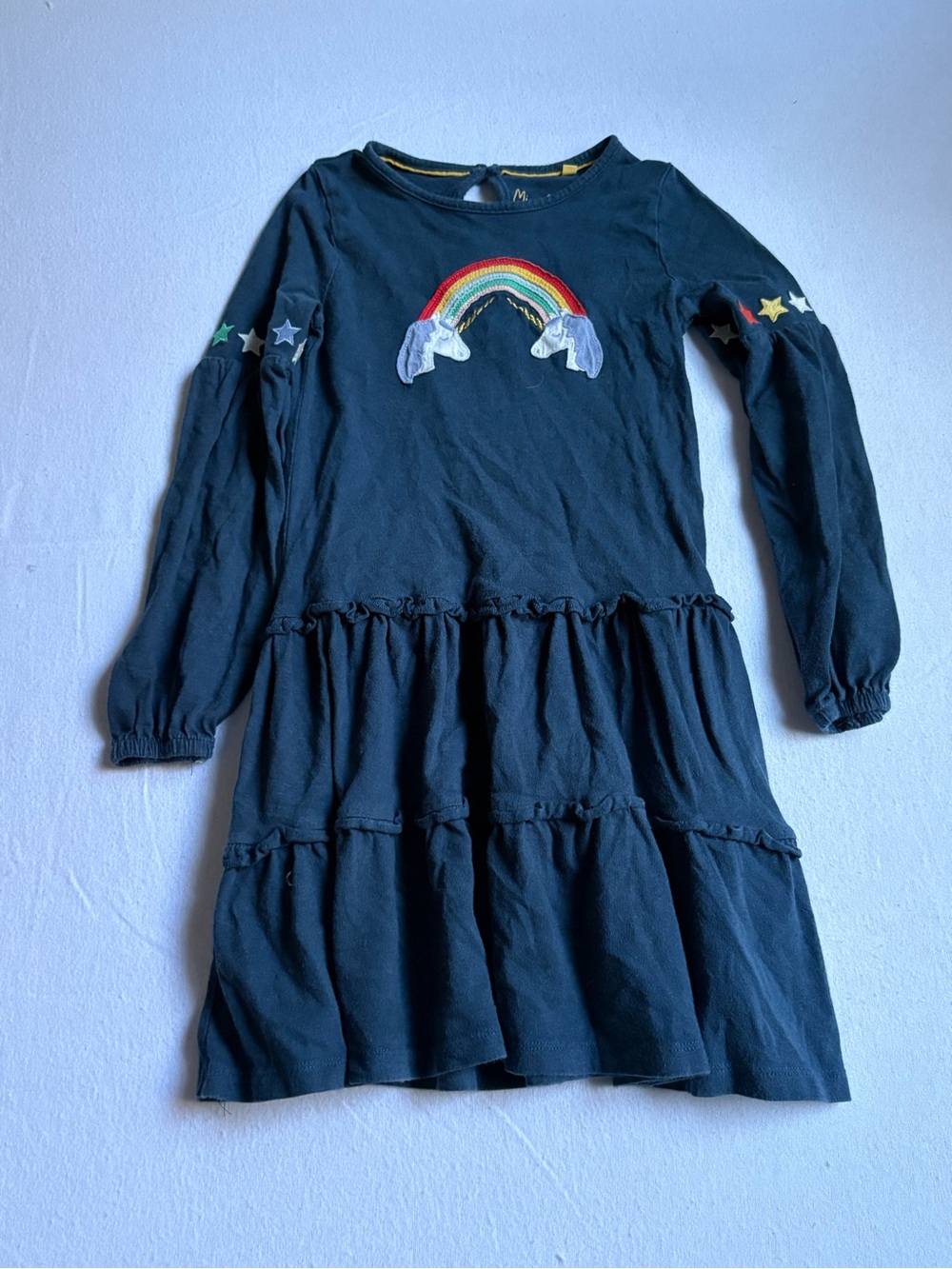 Mini Boden Navy Unicorn Rainbow Tiered Long-Sleeve Dress
